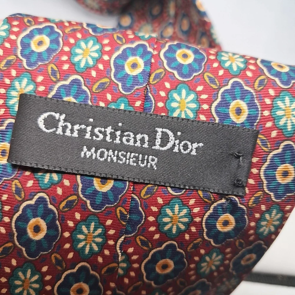Christain Dior Monsieur Red‎ blue Floral Geometric Necktie Tie 58